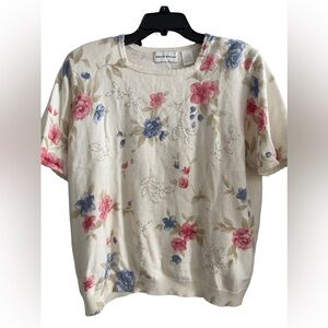 Alfred Dunner ivory Short Sleeve Cotton Beaded floral Embroidery XL